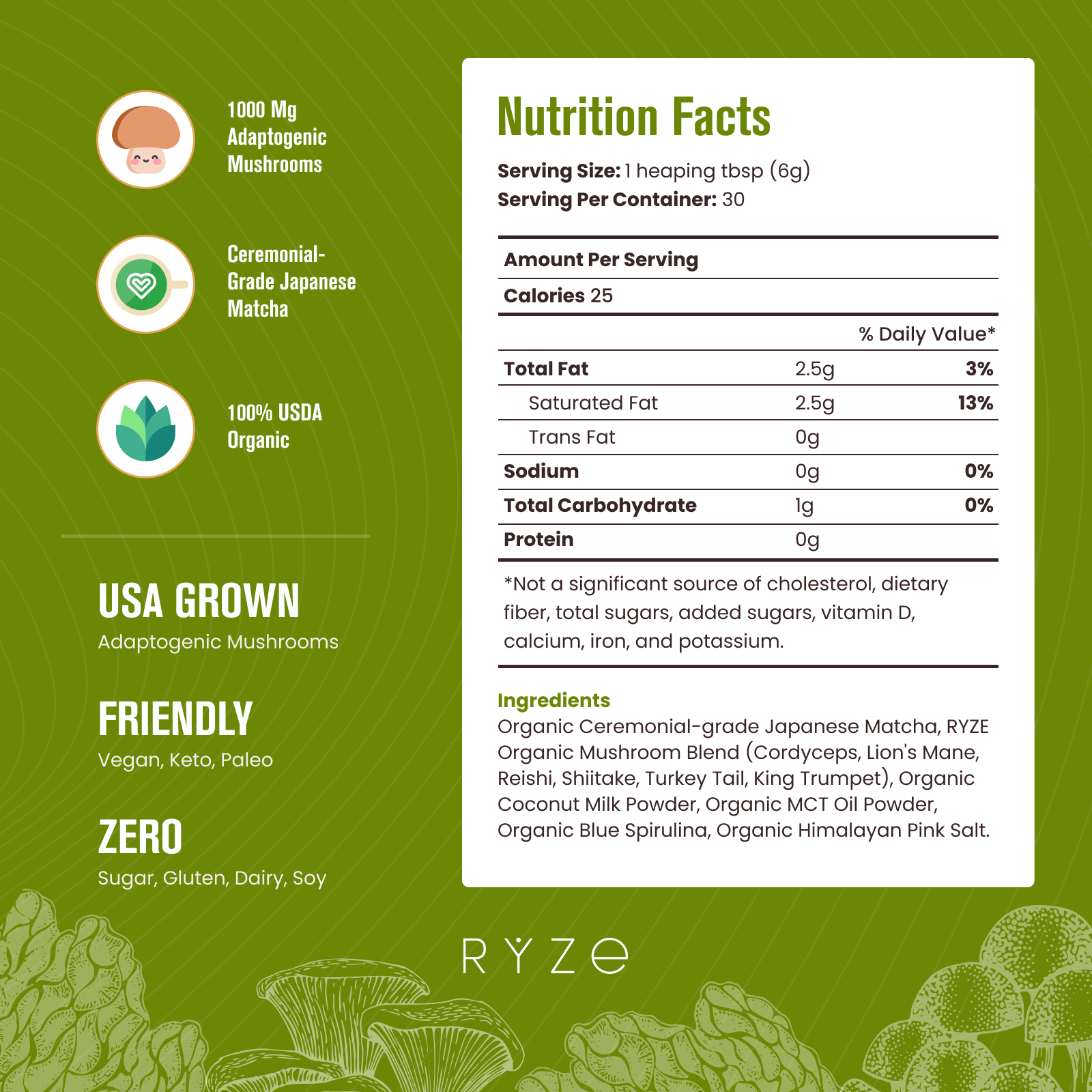 RYZE Mushroom Matcha - with 6 Organic Adaptogenic Mushrooms Grown In USA and Ceremonial-Grade Japanese Matcha - W69L