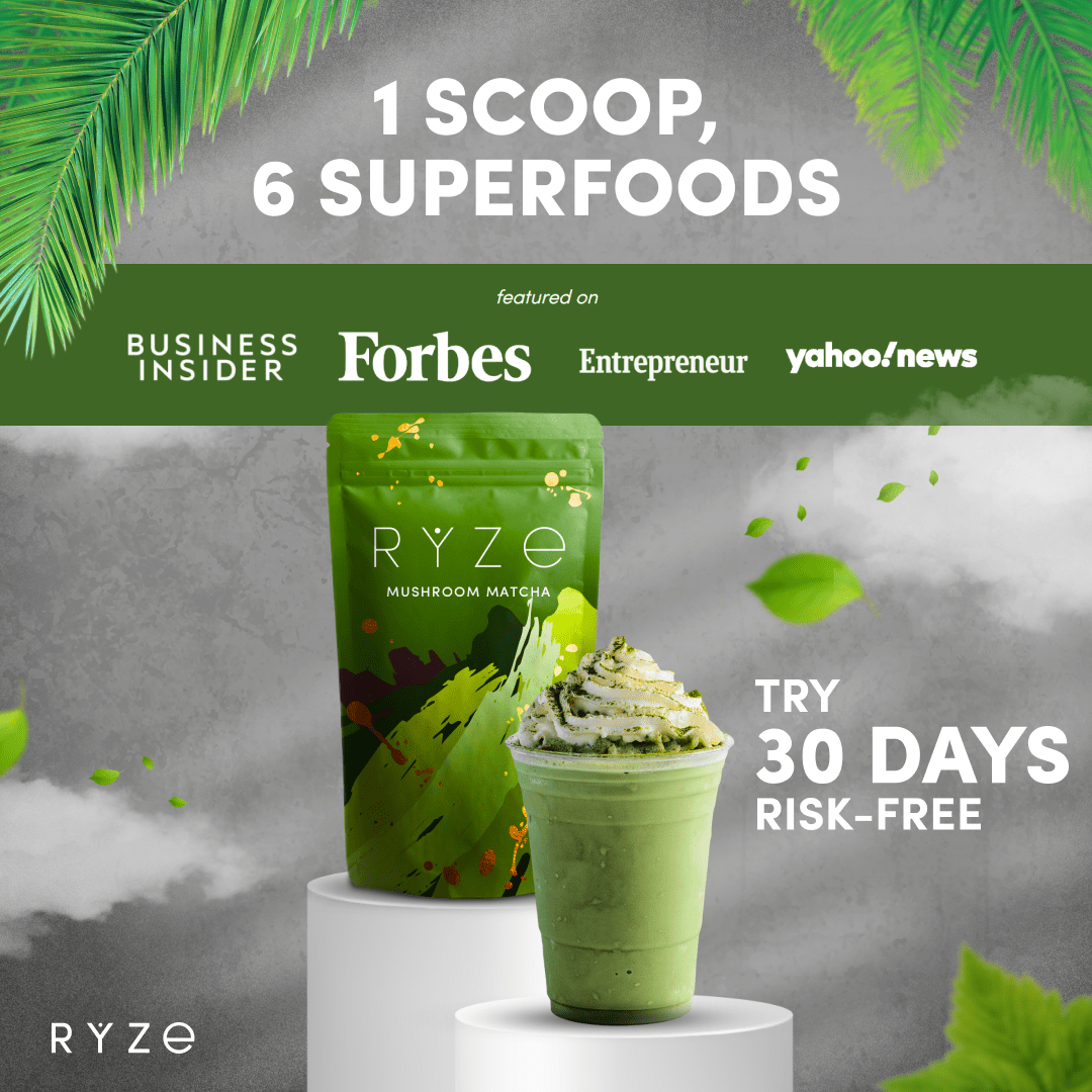 RYZE Mushroom Matcha - with 6 Organic Adaptogenic Mushrooms Grown In USA and Ceremonial-Grade Japanese Matcha - W69L